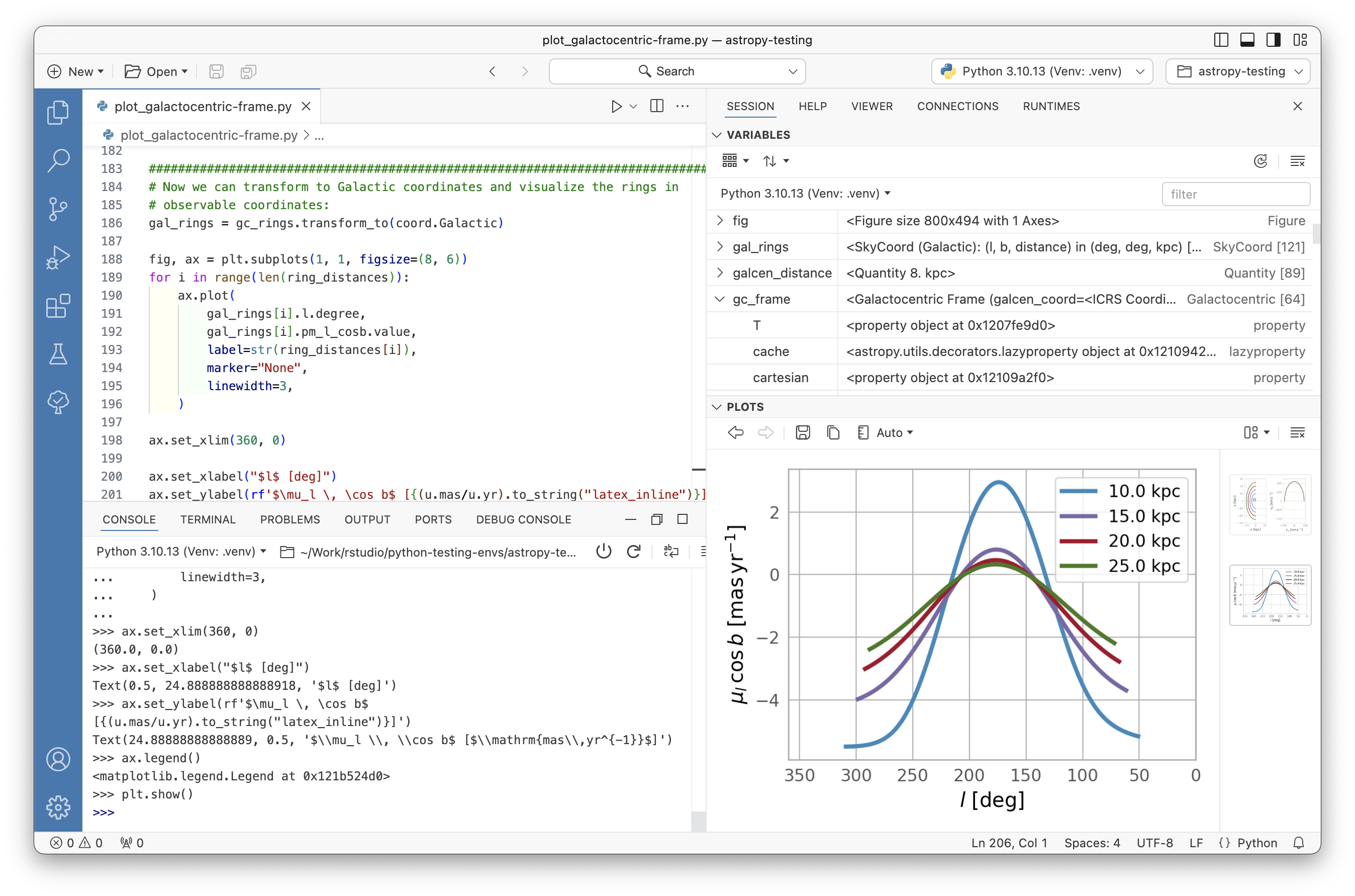 Positron IDE showing Python code for astronomical data visualization with a galactic coordinate plot and Variables pane displaying data objects.